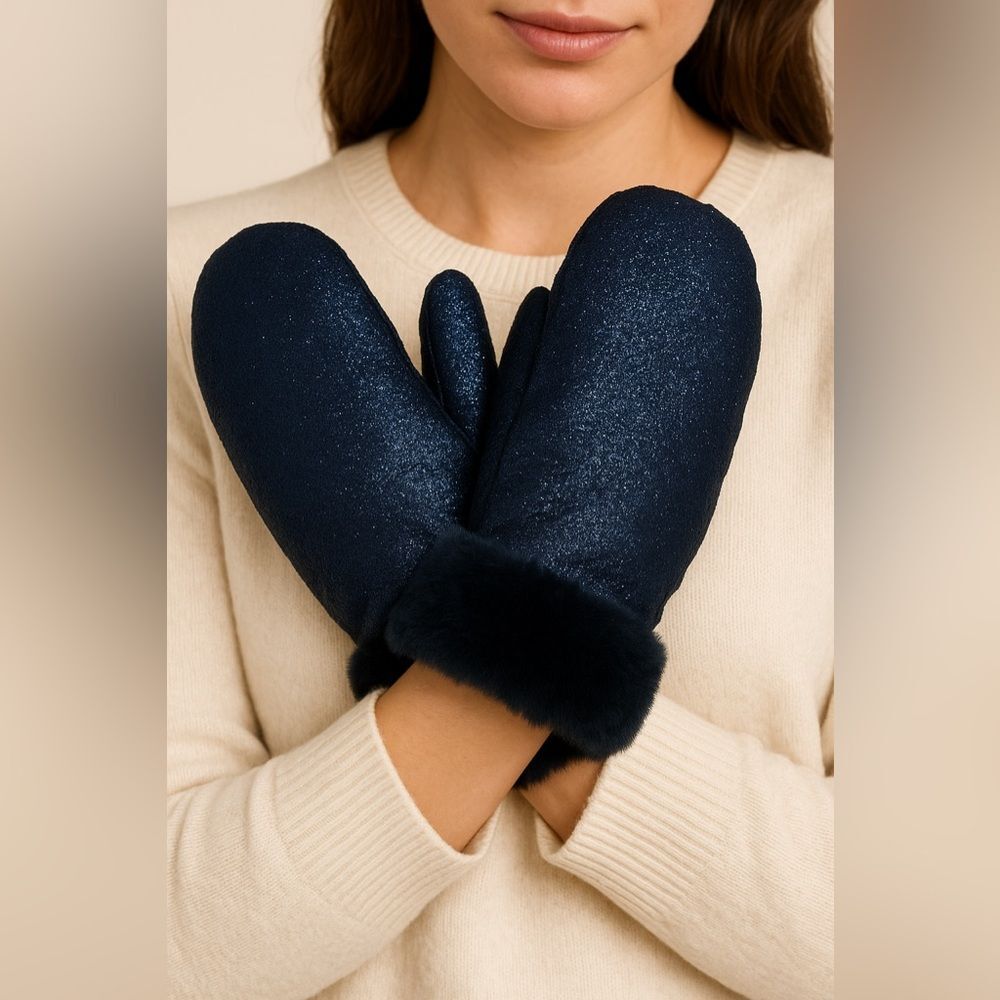 Anthropologie Sparkle Faux Fur Mittens Navy Blue One Size NEW